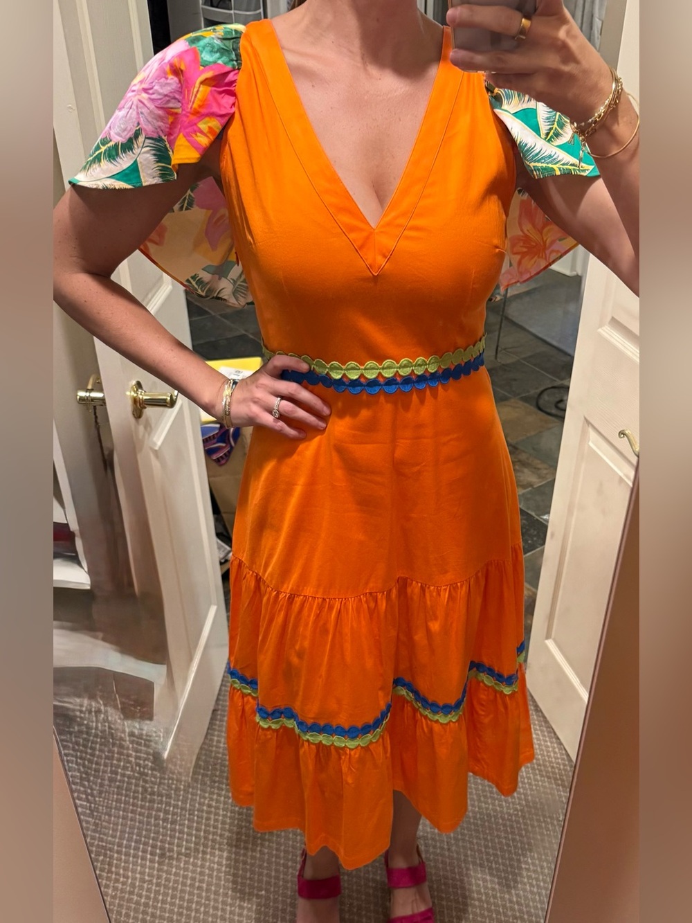 Vibrant Orange Diana Papaya V-Neck Midi Dress with Floral Sleeves